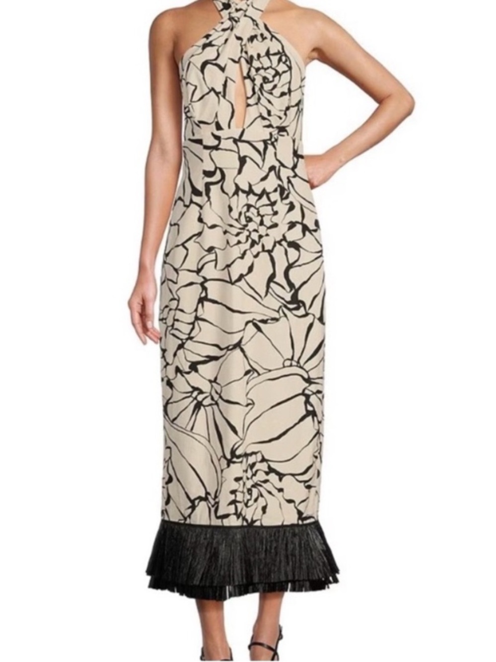 ANTONIO MELANI x M.G. Sommers Halter Linen Shell Print Fringe Dress, size 6 NWT